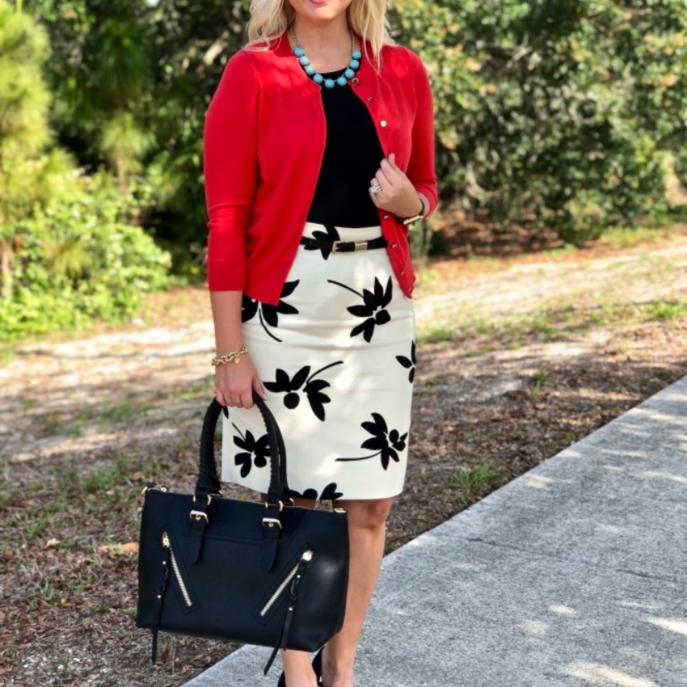 J Crew White Pencil Skirt with Black Flowers